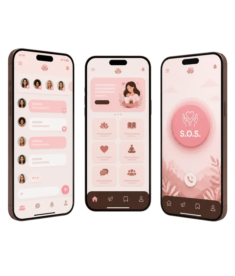 Três telas do app S.O.S. Mães: grupo das mães, módulos de conteúdo e botão de S.O.S.