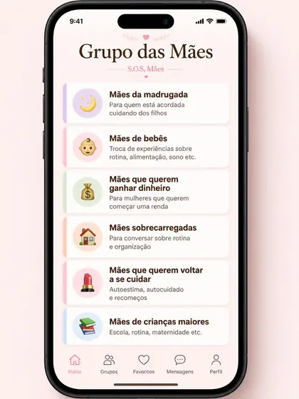 Tela do app Grupo das Mães com comunidades